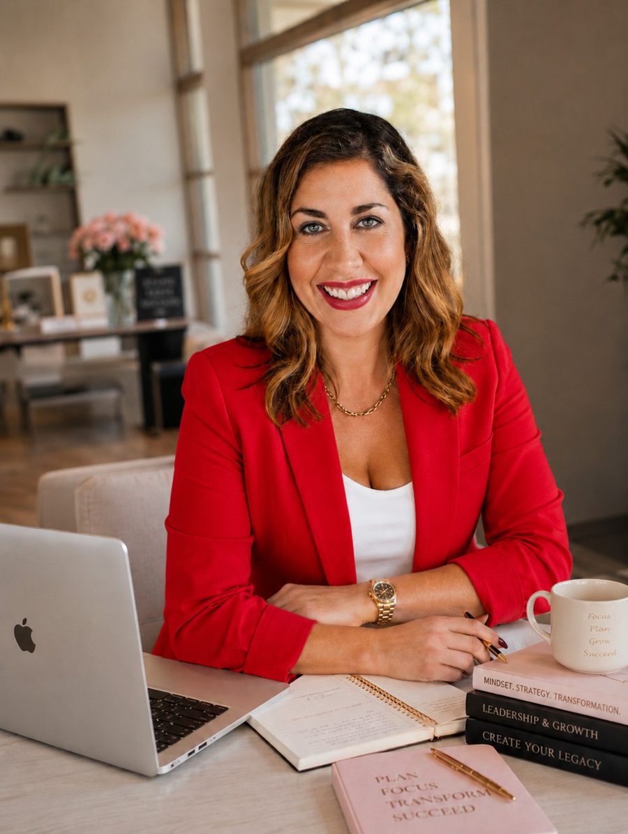 Natascha Morina am Schreibtisch mit Laptop und Notizbuch