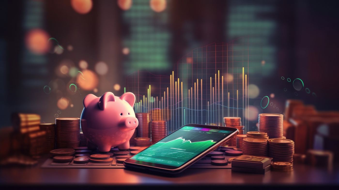 Sparschwein, Münzstapel und Smartphone mit Umsatzkurve